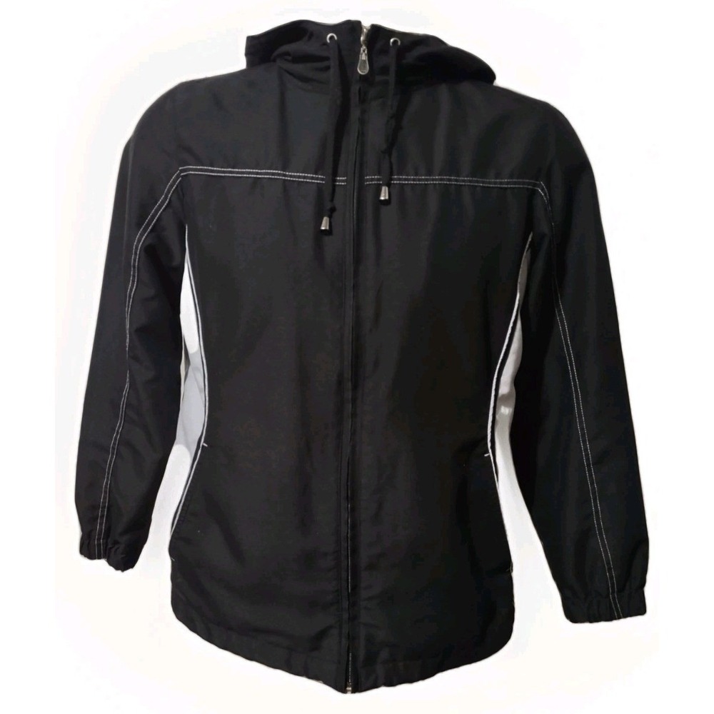 Fuda Jacket Women's Size Large Black White Coat Hood Mesh Lined Full Zip Pockets